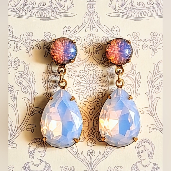 Pink Opal Flower And Fire Opal  Crystal In Drop Down Earrings - Picture 1 of 5